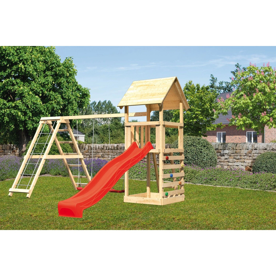 Karibu Spielturm Lotti mit Doppelschaukel, Klettergerüst, Kletterwand und Rutsche in Rot - Bild 2
