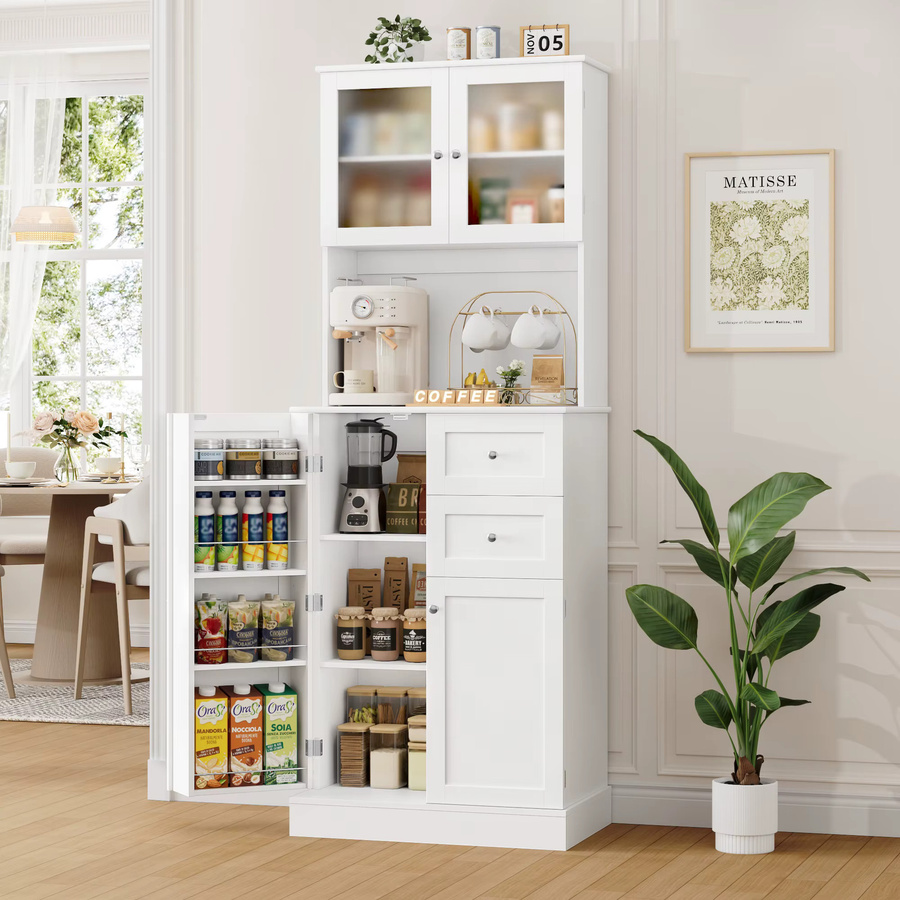 Getone Küchenschrank in Weiß, moderner Buffetschrank mit 2 Glastüren, 4 Türen und 2 Schubladen, Höhe: 182,5 cm - Bild 2