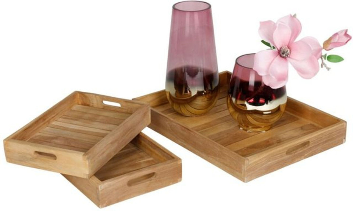 3-teiliges BURI Tablett-Set aus Teakholz in Braun, rechteckiges Servier- und Dekotablett im minimalistischen Design - Bild 1