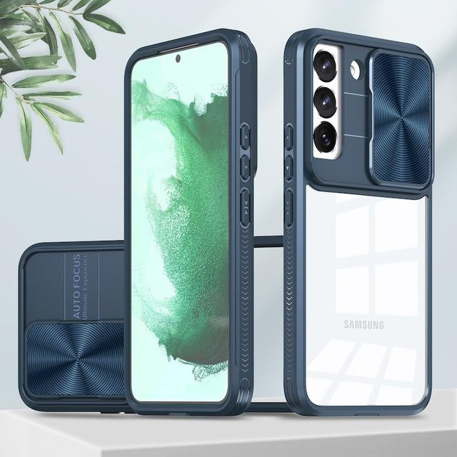 Stoßfeste Kamera-Schutzhülle mit Schiebe-Abdeckung für Samsung Galaxy S22 Ultra S23 S21 FE S20 A53 A73 A13 A12 A03 A02S A03S in Transparent Blau - Bild 1