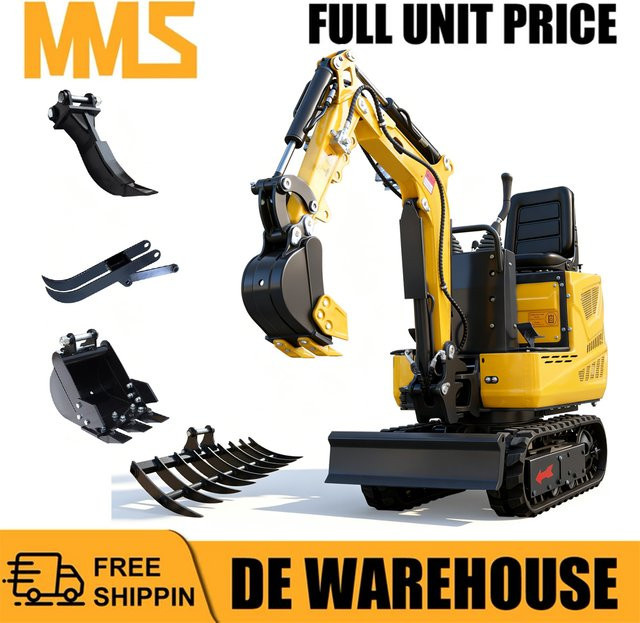 MMS 5-in-1 Mini-Bagger mit Benzinmotor, 0,6 Tonnen, 9,25 PS, Schwenkausleger und Grabenfräse inklusive Anbaugeräten, Farbe: Gelb - Bild 1