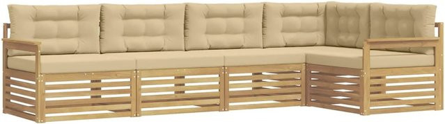 vidaXL Outdoor-Sofagarnitur 6-teilig in L-Form aus Akazienholz mit Kissen in Weiß und Beige - Bild 1