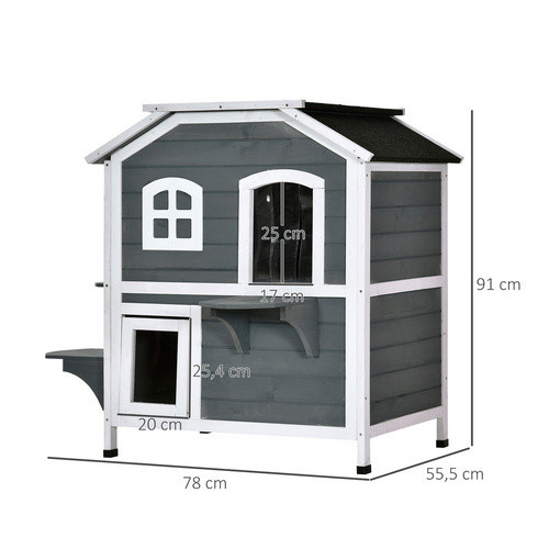 PawHut Katzenhaus aus grau lackiertem Tannenholz mit 2 Etagen und wetterfestem Dach, B/T/H: 78 x 55,5 x 91 cm - Bild 8