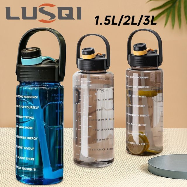 LUSQI Sportwasserbecher mit großem Fassungsvermögen und Strohhalm, auslaufsicher, mit Zeitstempel, Blau - Bild 1