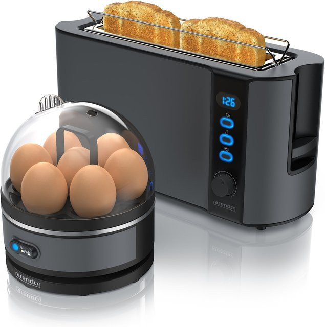 Arendo Frühstücks-Set FRUKOST und SEVENCOOK aus Edelstahl in Grau mit 2-Scheiben-Toaster, LED-Display, 6 Bräunungsgraden, Brötchenhalter und Eierkocher - Bild 1