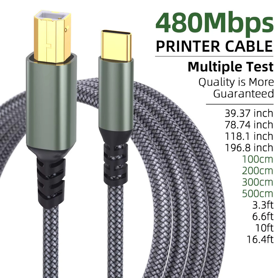 USB-C auf USB-B 2.0 Hochgeschwindigkeits-Druckerkabel aus grauem Nylon für Drucker, Scanner und MIDI-Controller - Bild 2