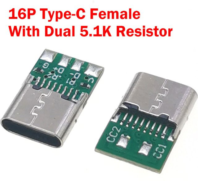 STLYCH USB Typ C Buchse mit Dual 5,1 kOhm Widerständen, 16-Pin Elektrische Terminals für DIY Datenkabel und PCB Board, Silber - Bild 1