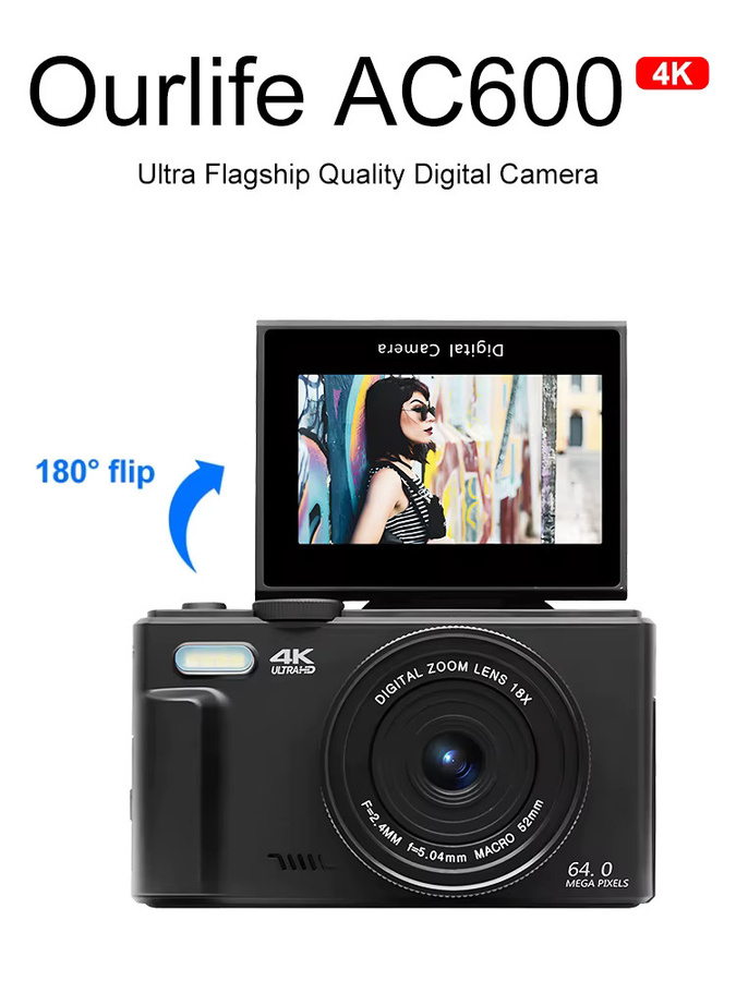 Ourlife Kompakte digitale 4K Fotokamera mit 18X Digitalzoom, WiFi und 180 Grad Flip-Screen, Schwarz - Bild 7