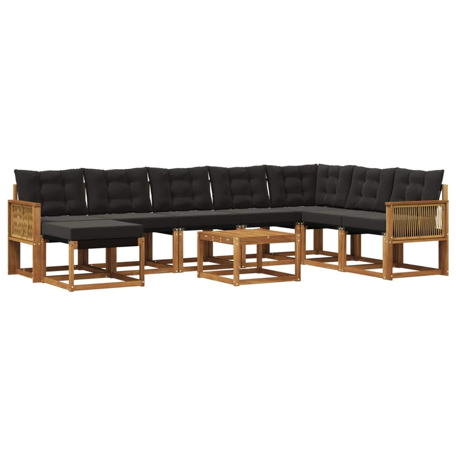 vidaXL Outdoor-Sofagarnitur in L-Form aus massivem Akazienholz mit Textilene und Kissen, Schwarz/Natur - Bild 2