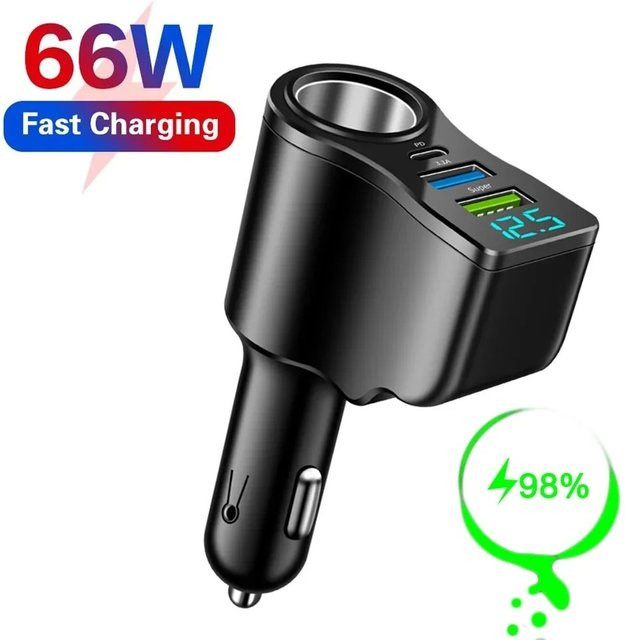 66W Auto-Zigarettenanzünder-Adapter mit Digitalanzeige und USB PD Schnellladefunktion, Schwarz, 3,1 A für Samsung, Xiaomi und Huawei - Bild 1