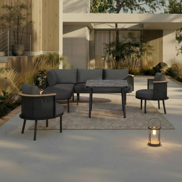 Bessagi Garden Lissa Dining-Loungeset in Dunkelgrau aus Metall und Polywood für Garten und Terrasse - Bild 1