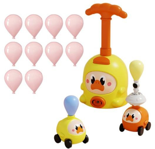 CAR SHOW Luftbetriebenes Ballonauto-Spielzeug mit Zeichentrickschwein, Dinosaurier, Ente, gelb - Bild 1