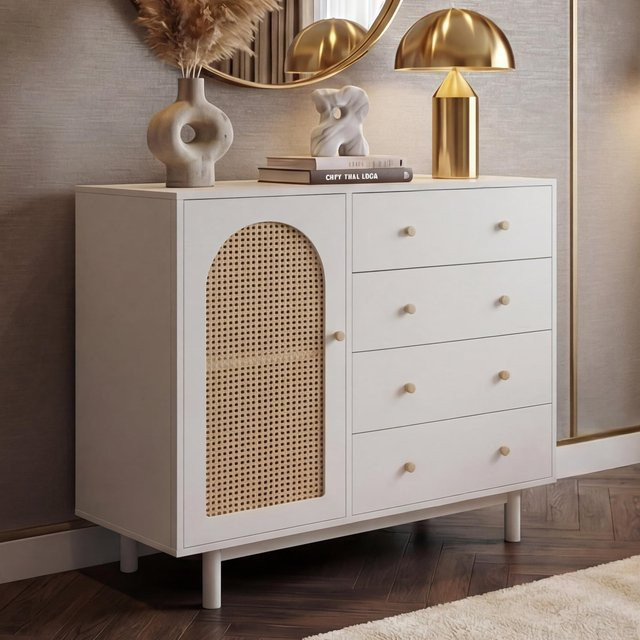 MCW Kommode P52 in Weiß mit Poly-Rattan und MDF, B/T/H: 95 x 40 x 100 cm - Bild 1
