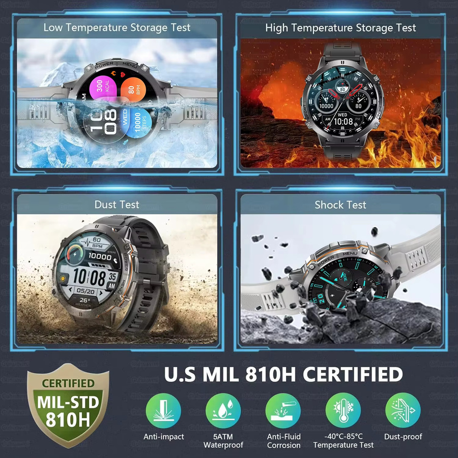 GUHUAVMI Militär Smartwatch für Herren mit 1,73 Zoll HD-Bildschirm, GPS, Kompass und 10ATM Wasserdichtigkeit, Schwarz - Bild 4