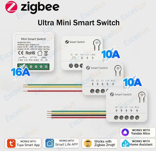 Excellux Zigbee 3.0 Mini Smart DIY Schalter Relais Modul für Smart Home Automatisierung, 10A/16A, Weiß, Kompatibel mit Tuya und Smart Life (Z2M Gateway erforderlich) - Bild 1