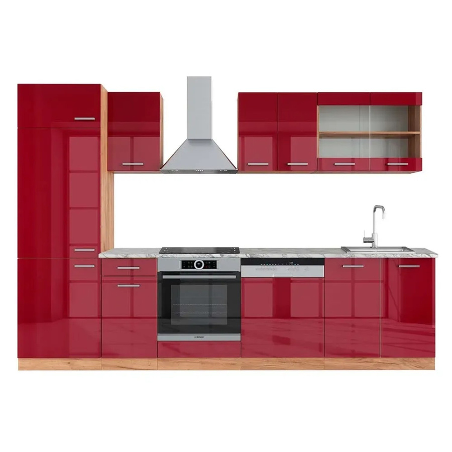 Vicco R-Line Küchenzeile Bordeaux Hochglanz Goldkraft Eiche mit Marmor-Optik, Breite: 300 cm, Höhe: 207 cm, Tiefe: 60 cm - Bild 2