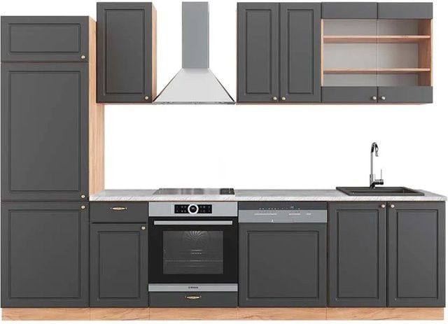 Vicco Fame-Line Küchenzeile Landhausstil in Anthrazit und Eiche mit Marmor-Optik, Breite: 300 cm - Bild 1