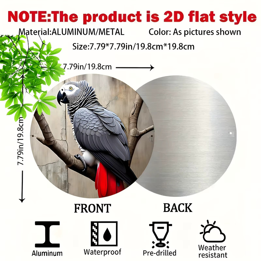 Potdemiel Aluminium-Wandkunst Majestic African Grey Parrot mit grünen Blättern, runde Metall-Wanddekoration, Durchmesser: 20,32 cm - Bild 2