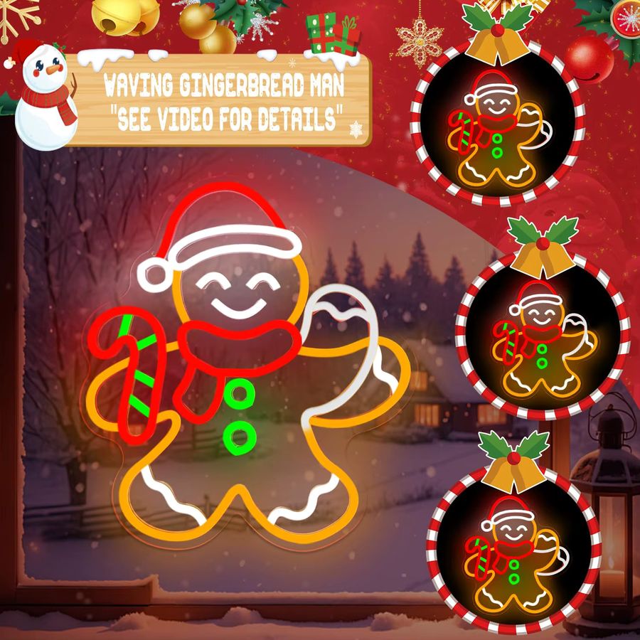 Wanxing Neonschild Winkender Lebkuchenmann als animierte Weihnachts-Wanddekoration mit Flimmer-Design und Dimmfunktion - Bild 2