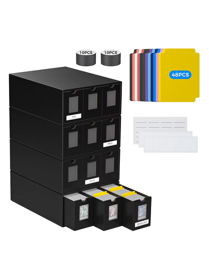 Rbefeuly Sammelkarten-Aufbewahrungsbox in Schwarz für über 12000 Karten mit 48 Trennwänden, Etiketten und Klebeband für TCG, MTG und PTCG - Bild 7