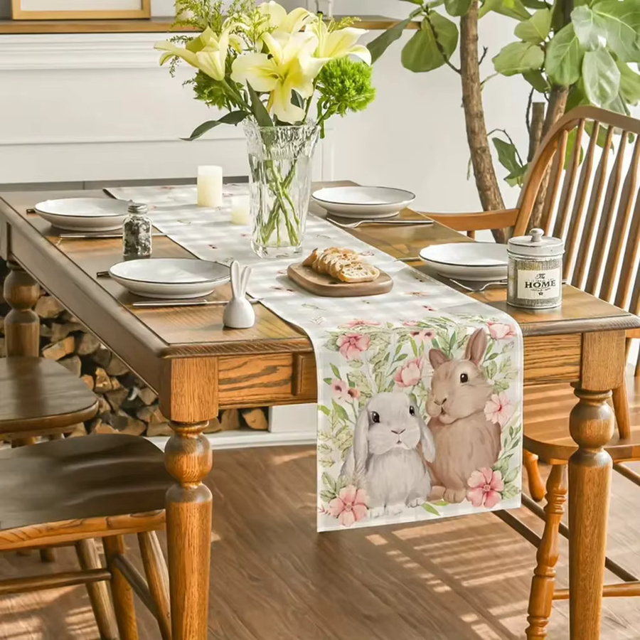Waschbare rechteckige Tischdecke von VAKIND mit Oster-Hasen-Motiv in Pink und floralem Design aus Leinen - Bild 2