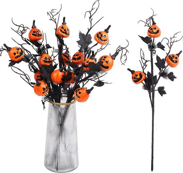 ZQNYCY Künstliche Halloween Dekoration mit Kürbis, schwarzen Ahornblättern und Blumenstielen in Schwarz und Orange - Bild 1