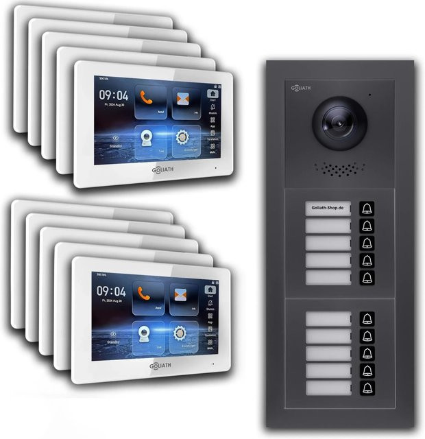Goliath IP Video Türsprechanlage für bis zu 10 Familienhäuser mit 7 Zoll Display in Weiß und Anthrazit, Unterputz-Montage mit App-Steuerung - Bild 1
