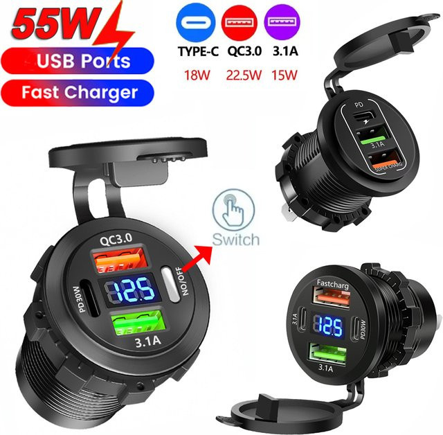 kebidumei USB-Steckdose Autotelefon-Ladegerät mit 55 W, QC3.0 und PD, 3/4 Anschlüsse inklusive USB-C-Buchse und Voltmeter, Schwarz - Bild 1