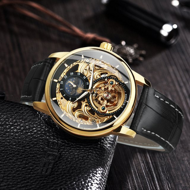 T-WINNER Armbanduhr Automatik, Gold, Lederarmband, Herren, Leuchtzeiger - Bild 1