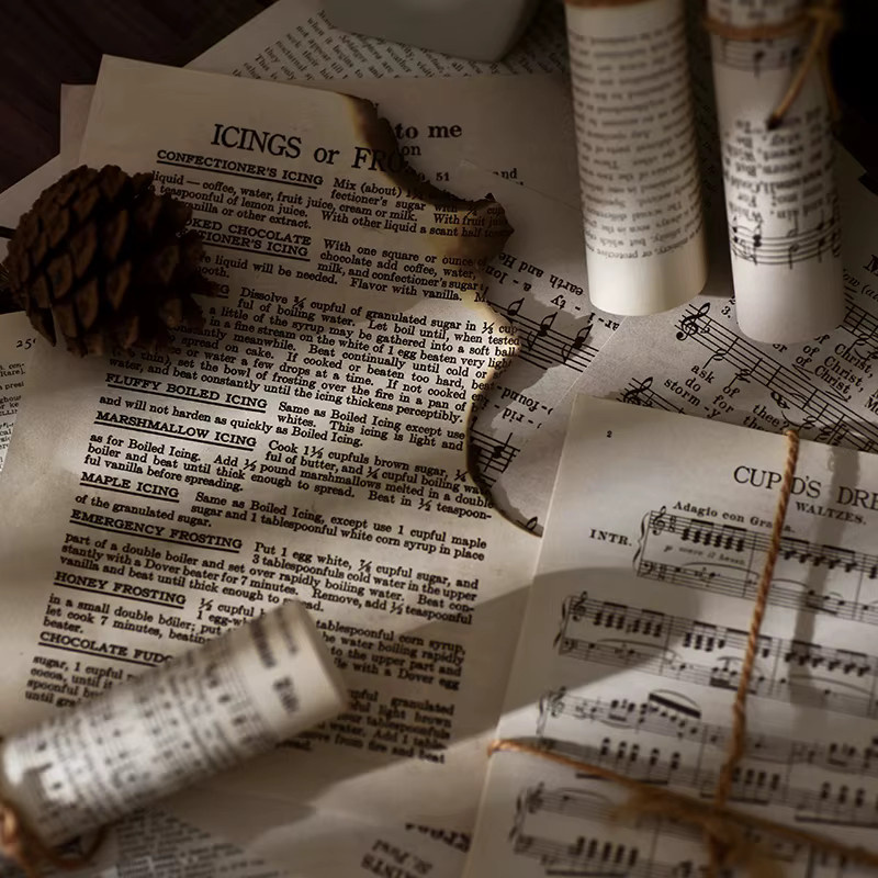 Morgenregen Vintage Collage-Papier in Beige mit englischem Zeitungsmanuskript für Journaling und Dekoration - Bild 4