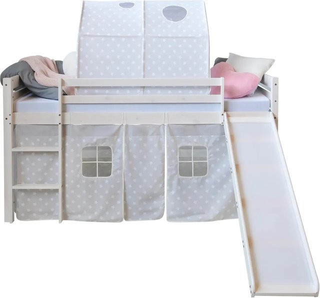 Homestyle4u Hochbett für Kinder aus Kiefernholz mit Vorhang, Rutsche und Tunnel, Farbe Weiß mit Sternen, B/T/H: 90 x 200 x 188,5 cm - Bild 1