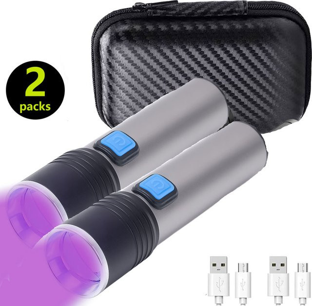 Heinast UV Taschenlampe Schwarzlicht mit Zoom und USB-Ladefunktion, 1 oder 2 Stück, Schwarz - Bild 1