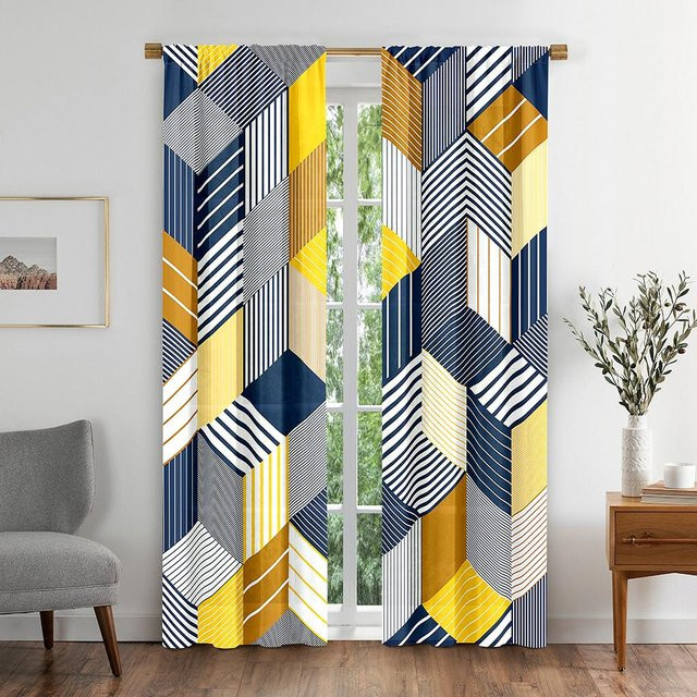 Stilvoller Blackout-Fenstervorhang mit Line-Art Design, abstraktes geometrisches Vektor-Muster, thermoisolierend, Farbe: Schwarz und Blau, B: 50 cm, H: 130 cm, 2er-Set - Bild 1