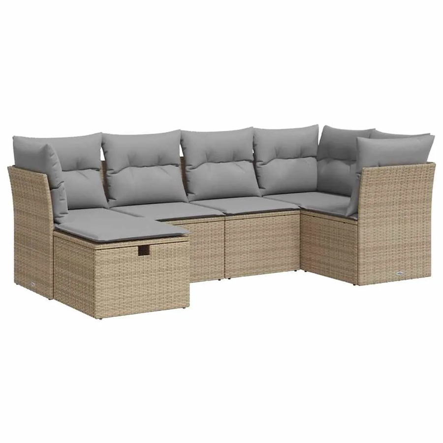 vidaXL 6-teilige Garten-Sofagarnitur in L-Form mit Kissen und Ottoman, Poly-Rattan in Beige und Grau mit wetterfesten Polstern und pulverbeschichtetem Stahlgestell - Bild 2