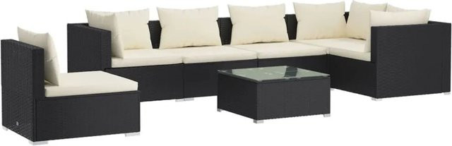 vidaXL 7-tlg. Garten-Lounge-Set aus Poly Rattan in Schwarz und Beige mit Kissen und Couchtisch - Bild 1