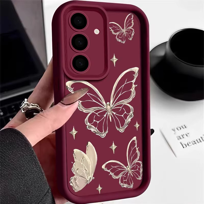 Schutzhülle mit Gold Schmetterling Print für Samsung Galaxy S25 S24 S23 S22 Ultra und weitere Modelle, weiche TPU Abdeckung in Gold und Schwarz - Bild 3