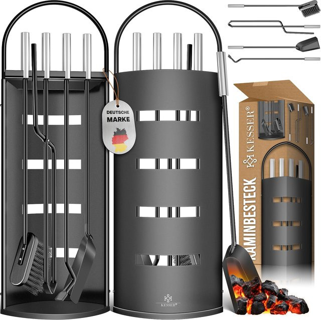 KESSER Kaminbesteck Set 5-teilig aus Edelstahl in Schwarz und Silber mit Sichtschutz - Bild 1