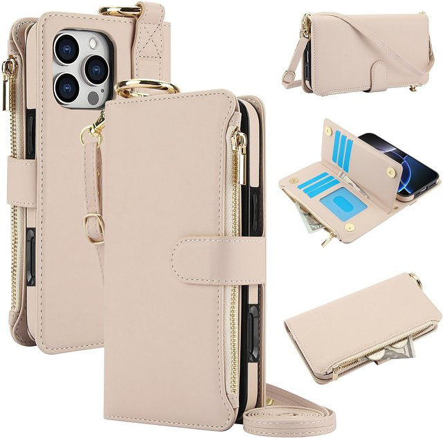 QGeeM Leder Geldbörse Hülle mit Reißverschluss und Ring Lanyard für iPhone 17 16 15 14 13 12 11 Pro Max Plus in Weiß - Bild 1