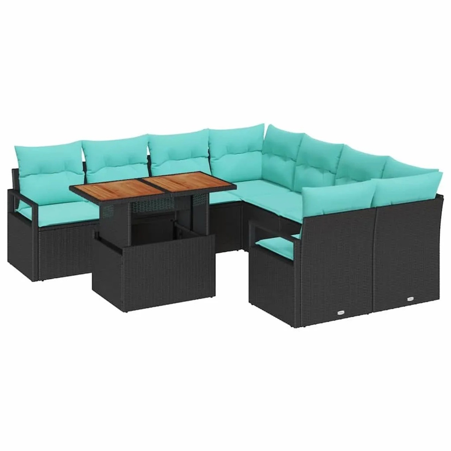 vidaXL Garten Essgruppe 9-teilig aus Poly-Rattan, Stahl und Akazienholz in Schwarz, Teal und Braun - Bild 2