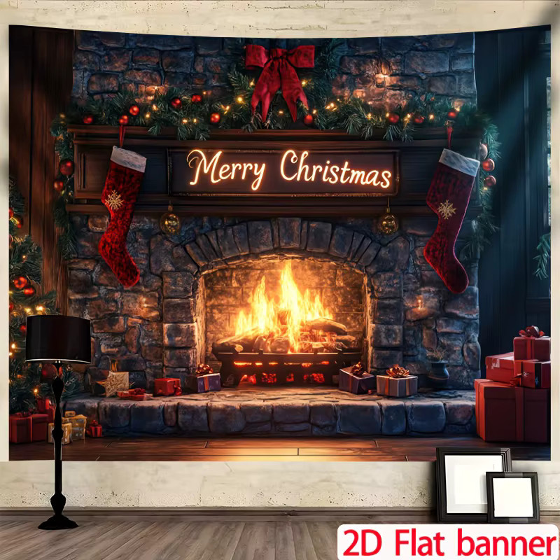 Weihnachtlicher Kaminhintergrund in Steinoptik mit leuchtendem Kamineffekt, mehrfarbig, rechteckig - Bild 2