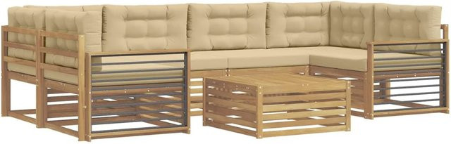 vidaXL Outdoor-Sofagarnitur L-Form aus Akazienholz mit 7 Kissen in Weiß und Beige - Bild 1