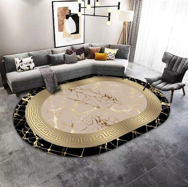 JGJG Ovaler Teppich in Gold und Beige, Modernes Design, Rutschfest und Waschbar, B: 90 cm, T: 60 cm - Bild 1