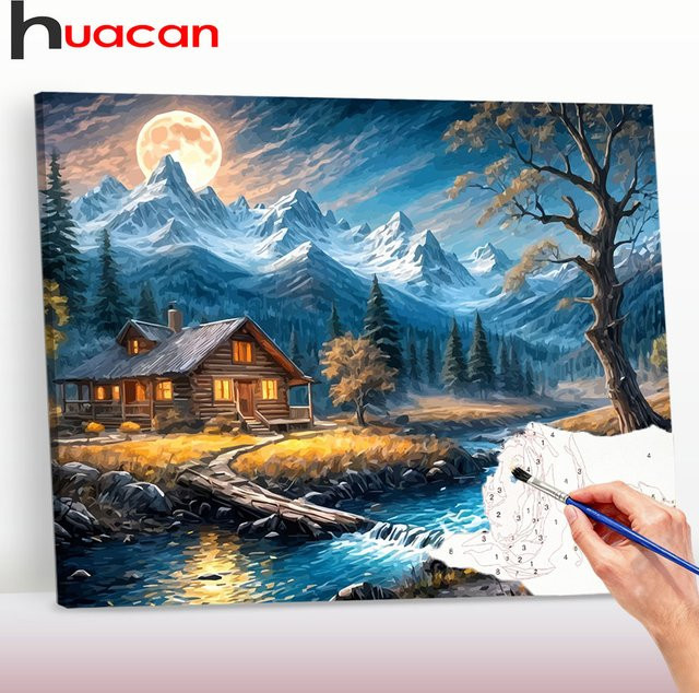 Huacan Malset nach Zahlen: Handgemaltes Ölgemälde mit Mond, Berg und Haus als Landschaft auf Leinwand in Mehrfarbig - Bild 1
