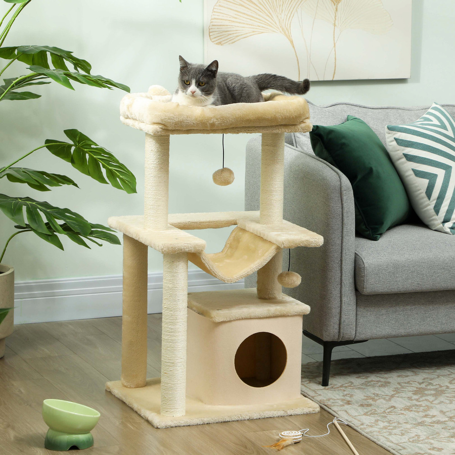 PawHut Kratzbaum Creme mit Hängematte, Katzenhöhle und Spielzeug, Höhe: 90 cm - Bild 2
