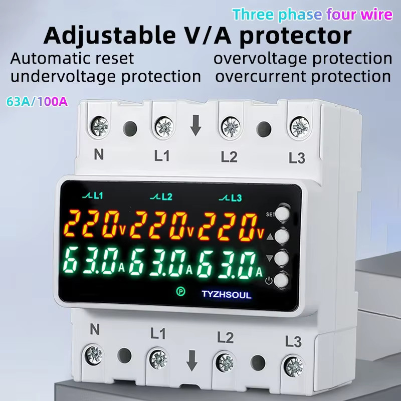 3 Phasen DIN-Schiene Voltmeter und Amperemeter mit einstellbarem Über- und Unterspannungsschutz sowie Strombegrenzung 63 A/100 A in Weiß - Bild 2