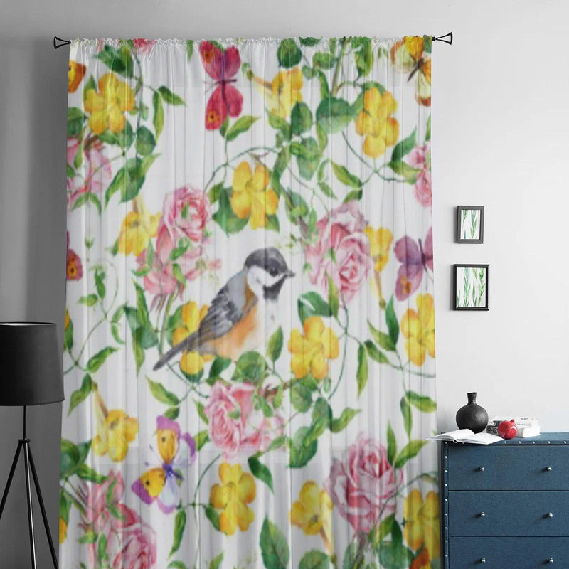 A Family Of Home Textiles Transparente Tüll-Vorhänge mit Blumen- und Schmetterlingsmuster in Weiß und Gelb, Breite: 135 cm, Höhe: 114 cm - Bild 4