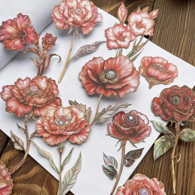 Vintage-Aufkleber-Set Blumenschatten-Serie aus dickem Papier mit langstieligen Blumen, 15 Blatt pro Packung, Mehrfarbig - Bild 1