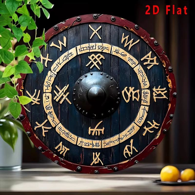 Reus Viking Rune Shield Metallwandkunst mit goldenen Runen, dunklem Holz und rotem Rand, Durchmesser: 20,32 cm - Bild 4