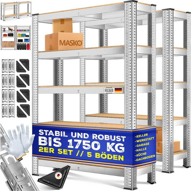 MASKO 2er-Set Schwerlastregal aus Metall mit MDF-Platten in Grau, verstellbare Ablagen für Werkstatt und Garage - Bild 1
