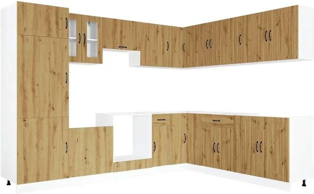 vidaXL Küchenschrank-Set Lucca aus Holzwerkstoff in Artisan-Eiche Braun, 14-teiliges Eckküchenset mit Glastüren - Bild 1